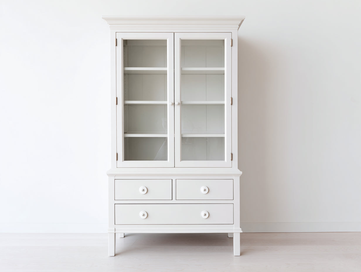 Vitrinas de madera manufacturada y vidrio 105x45x195 cm blanco con 2 puertas y 3 cajones para salón y comedor estilo clásico