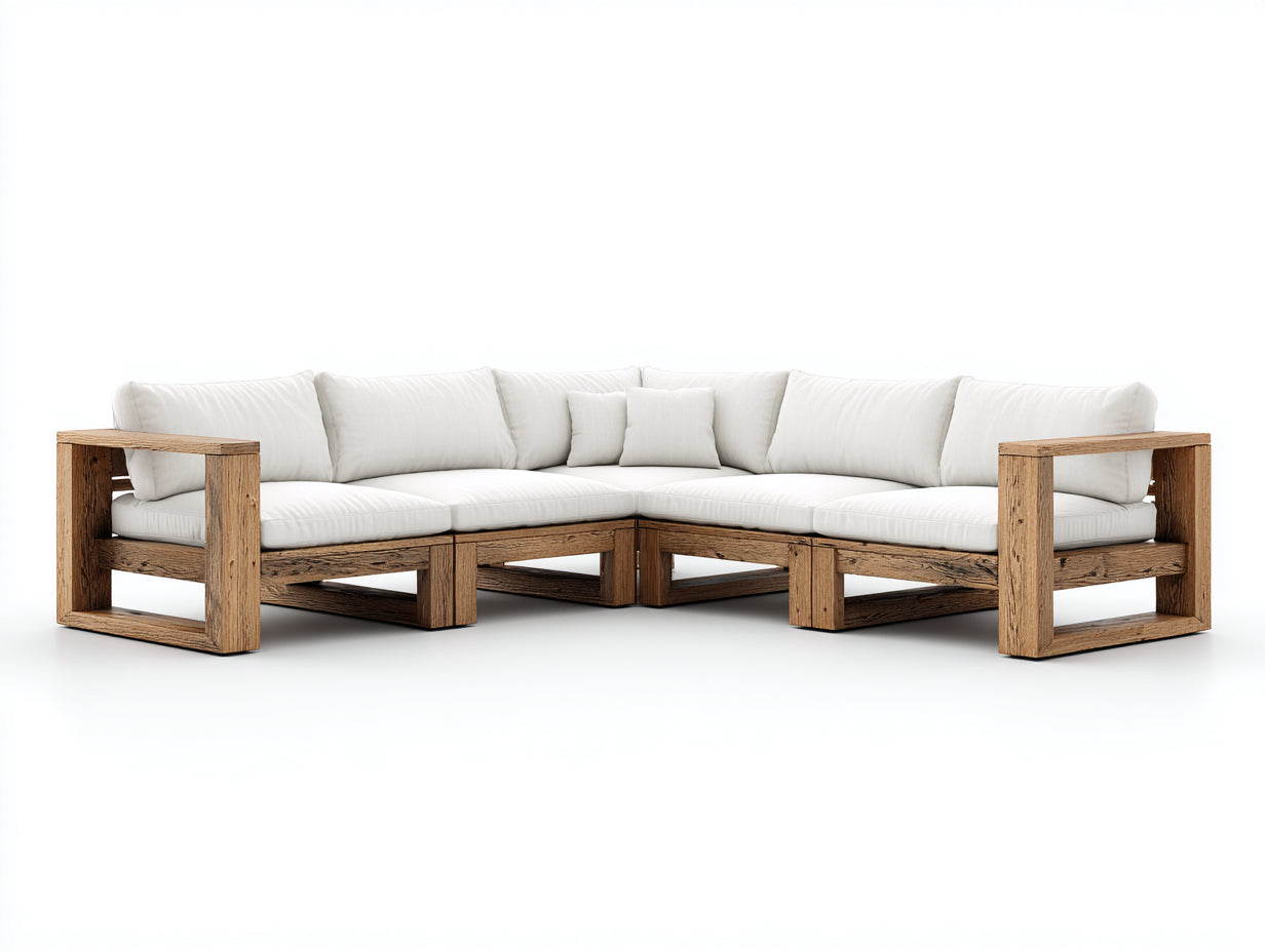 Sofás de exterior en esquina 260x260x70 cm - madera natural-blanco - diseño bajo para jardín y terraza