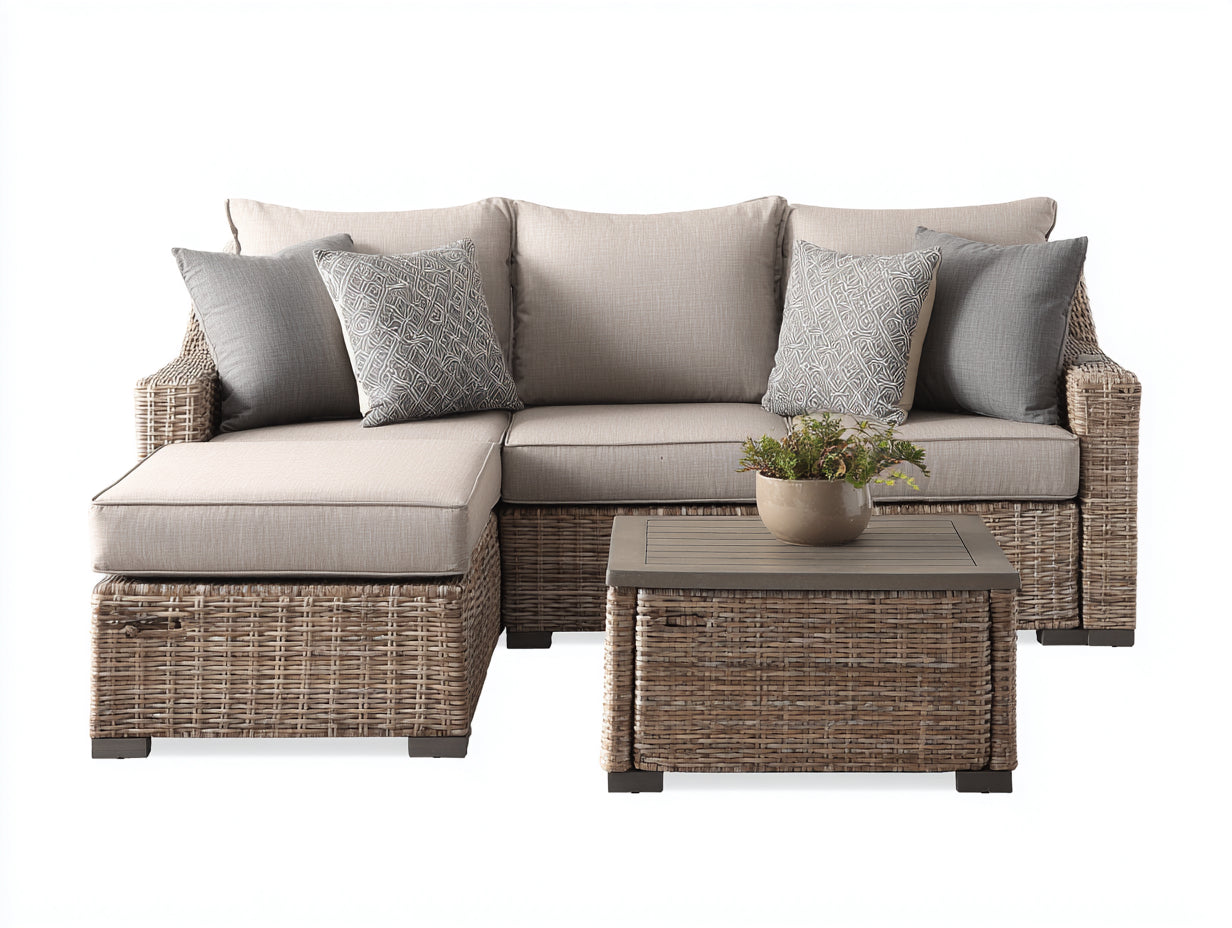 Sofás de exterior de ratán sintético 240x160x75 cm - Beige-Gris - conjunto modular con mesa