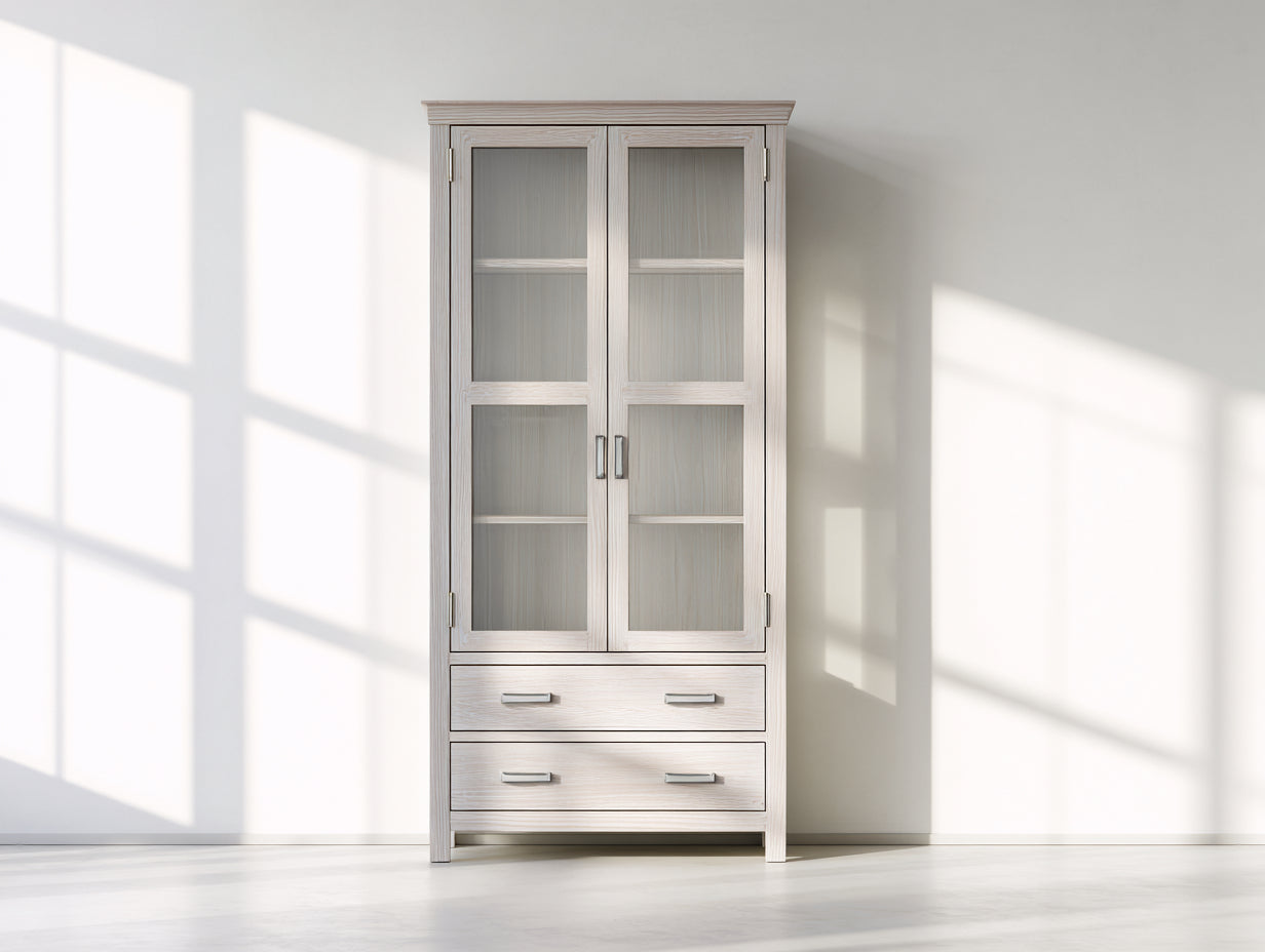 Vitrinas de madera con puertas de vidrio 95x40x190 cm - blanco lavado - diseño clásico para salón y comedor