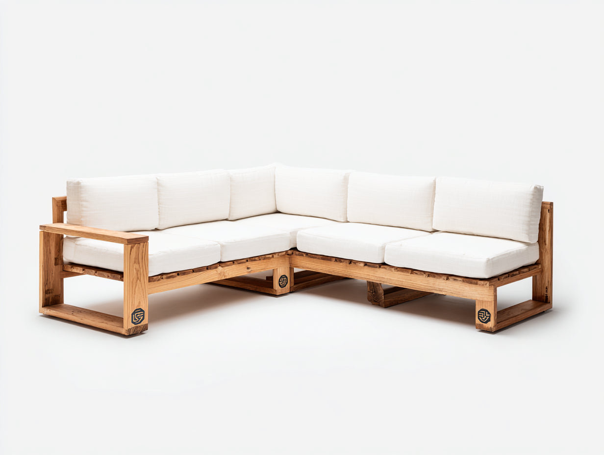 Sofás de exterior de madera 260x260x70 cm - madera natural y blanco - diseño cuadrado para terraza
