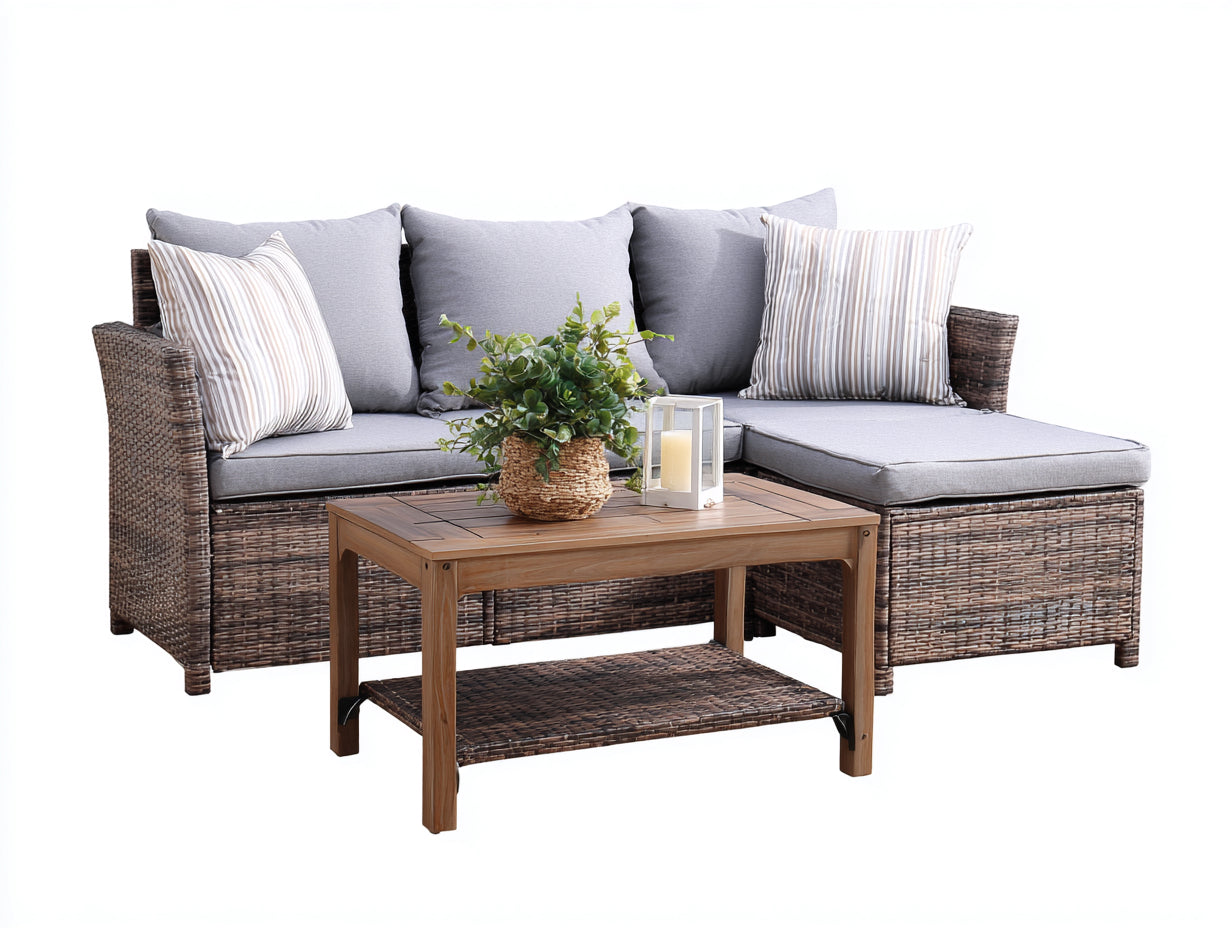 Sofás de exterior de ratán trenzado 220x150x75 cm - marrón y gris - con mesa de centro
