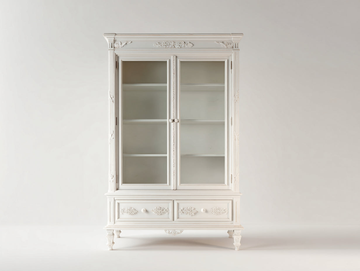 Vitrinas de madera y vidrio 110x42x185 cm - blanco antiguo - con 2 puertas de cristal y 2 cajones