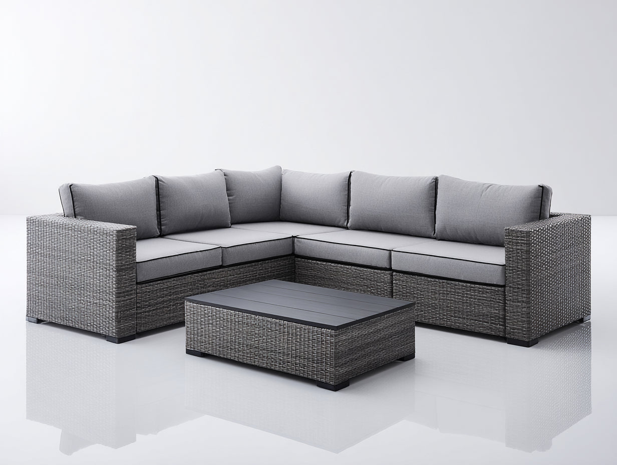 Sofás de exterior de ratán sintético 260x260x78 cm gris con mesa baja para jardín estilo moderno