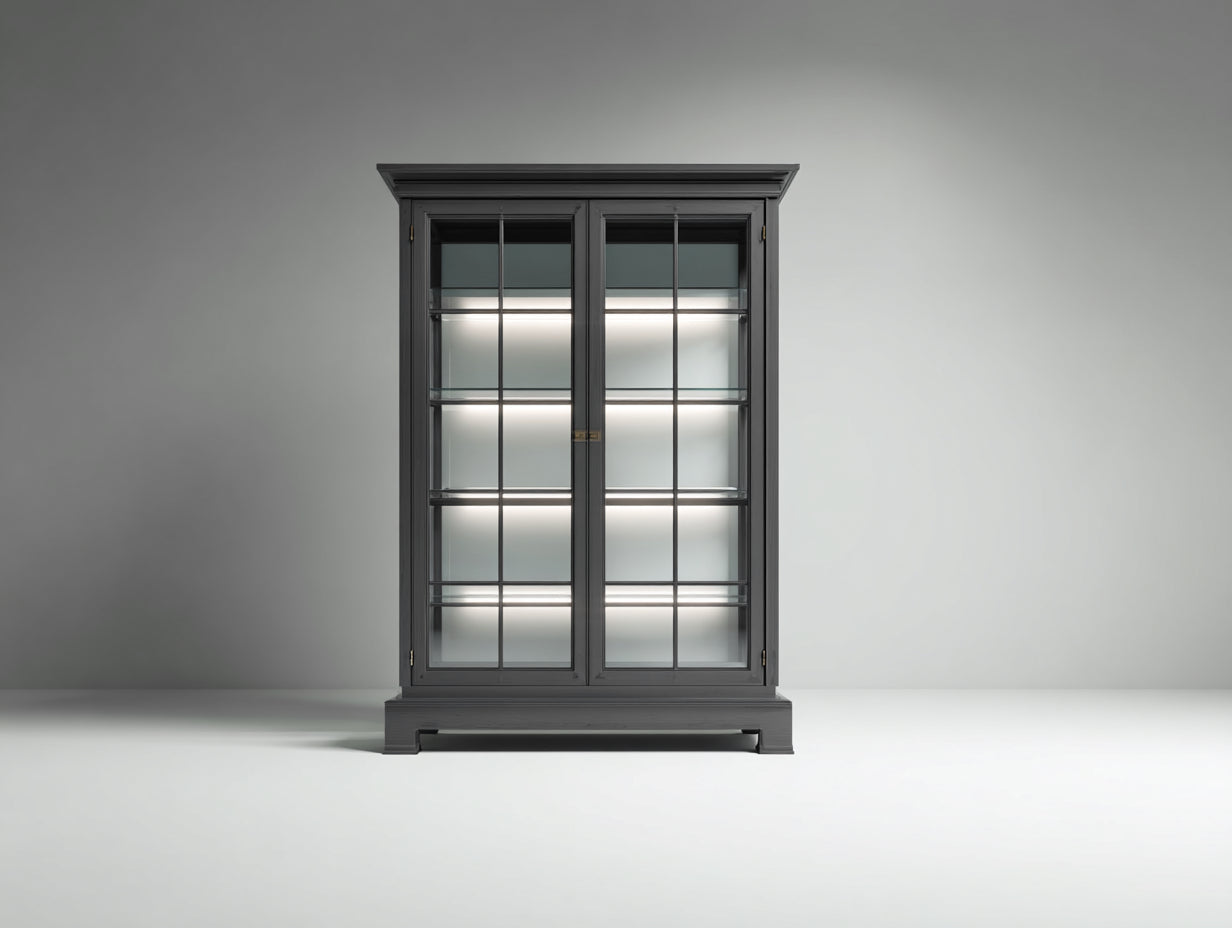 Vitrinas de madera y vidrio 115x42x190 cm - gris oscuro - estilo clásico para salón con 2 puertas acristaladas