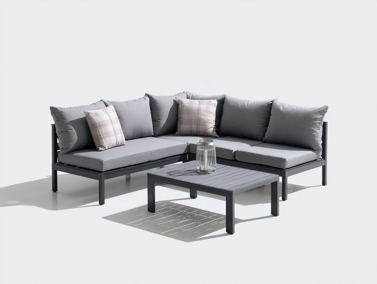 Sofás de exterior en esquina 240x240x72 cm - gris-negro - estructura metálica con mesa para jardín