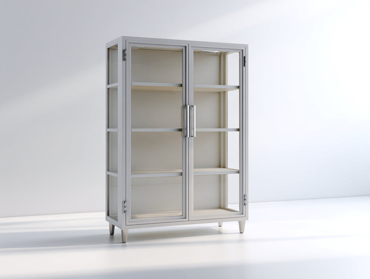Vitrinas de metal y vidrio 105x42x175 cm blanco con 2 puertas acristaladas para salón y comedor estilo moderno