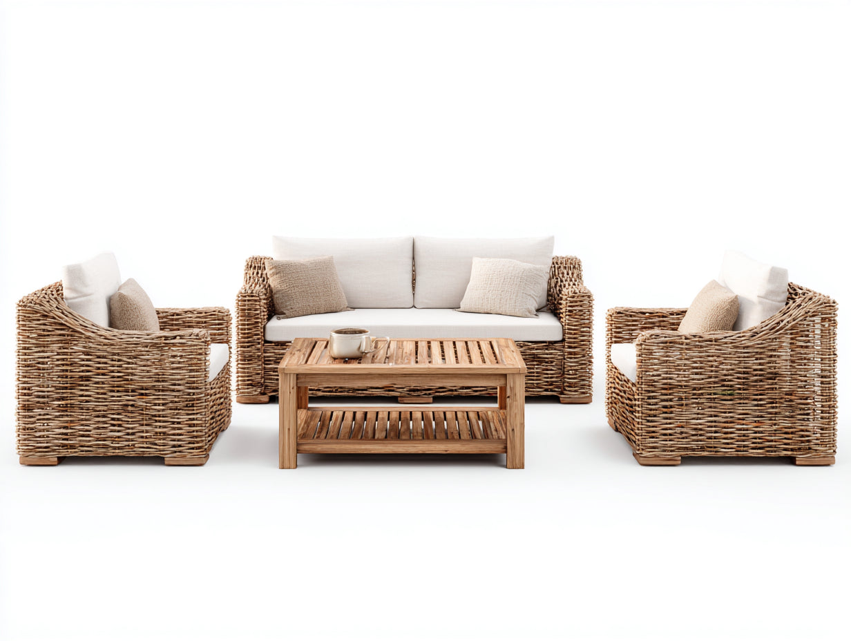 Sofás de exterior de ratán trenzado 240x80x75 cm - natural y beige - conjunto con sillones y mesa