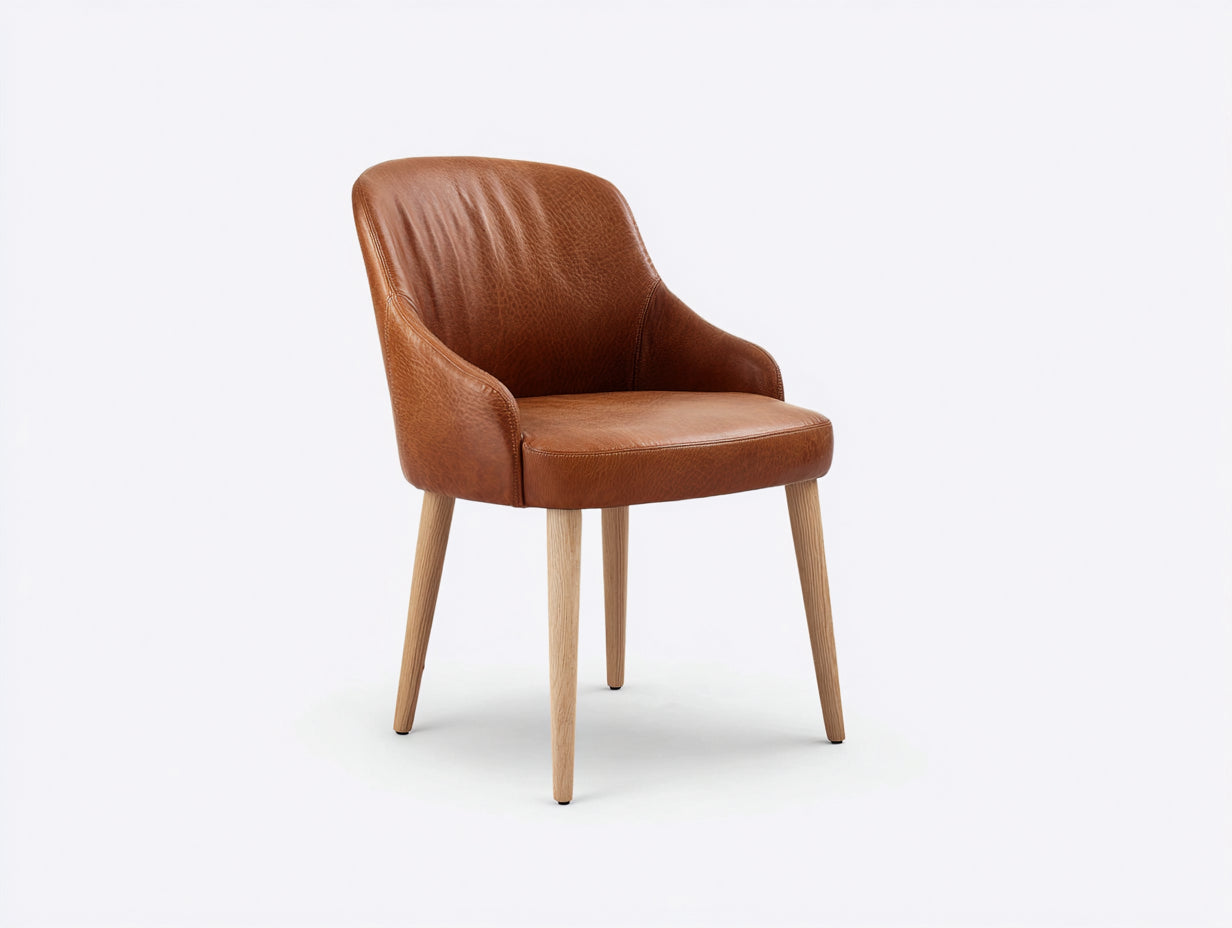 Sillas de comedor tapizadas en piel sintética 55x58x82 cm - Marrón cuero y madera natural - Diseño moderno con brazos