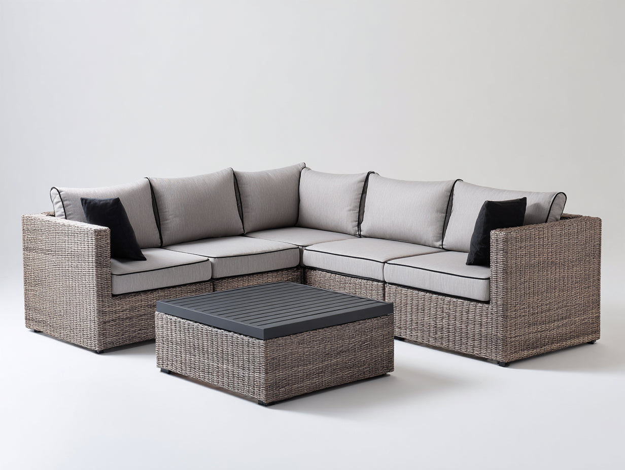 Sofás de exterior de ratán sintético 260x260x70 cm - gris y marrón - conjunto cuadrado con mesa para terraza